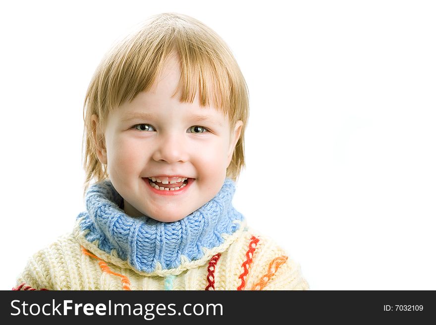 Little girl in warm sweater on white background