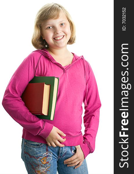 Young schoolgirl with books on white background