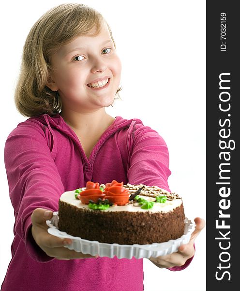Girl holds  cake on white background