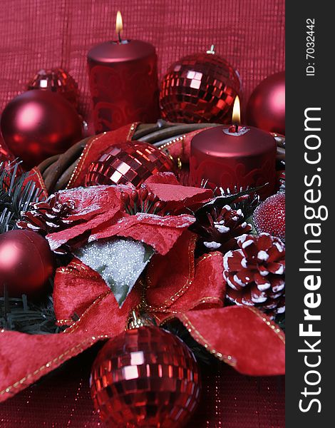 Decoration for christmas and new year's with red candle. Decoration for christmas and new year's with red candle
