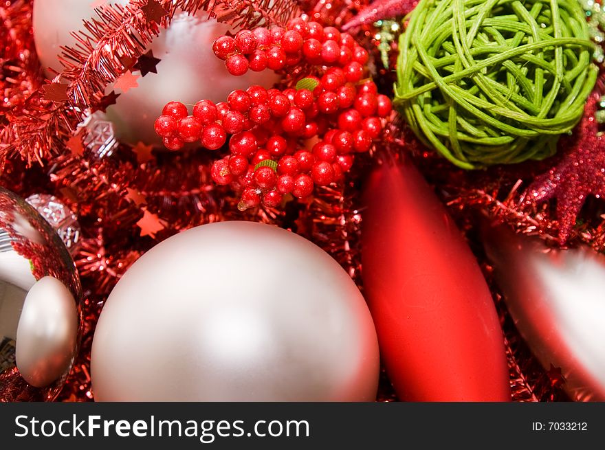 Xmas decoration ornaments in silver and green and red