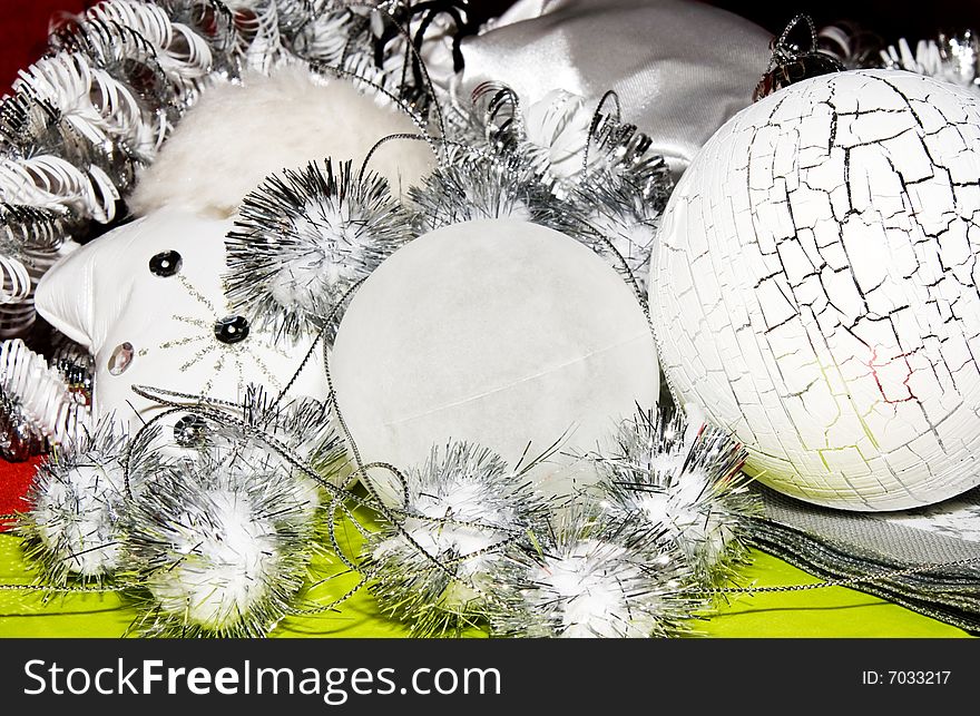 Xmas decoration ornaments in white and silver and lime and little bit red