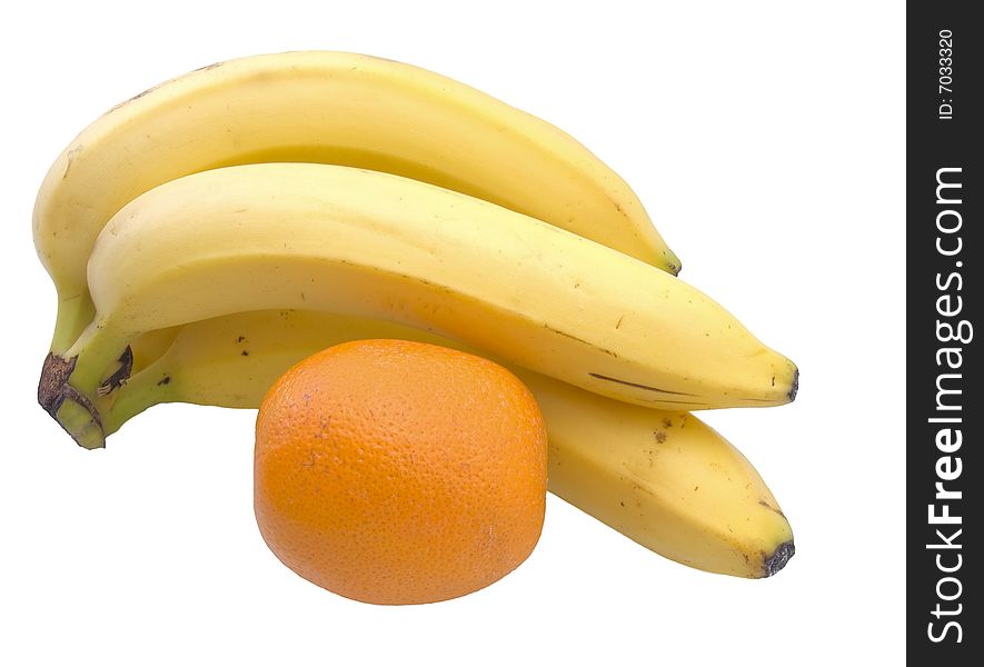 Cluster of bananas and orange on white background