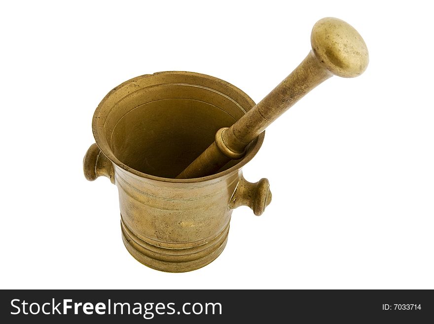 Ancient bronze mortar against a white background isolated
