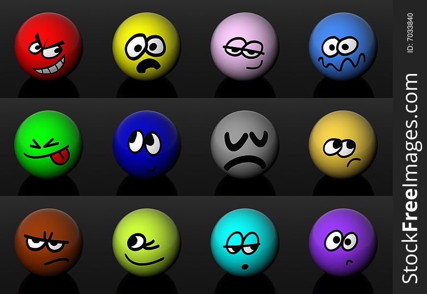 12 different smiles. 3d renders on a black background.