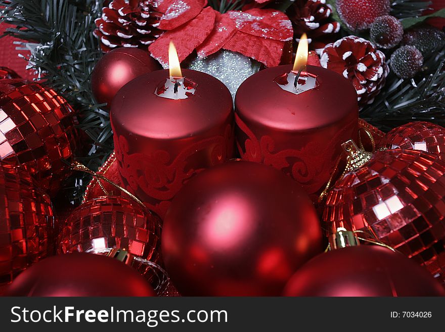 Christmas and new year's candle with red sphere. Christmas and new year's candle with red sphere