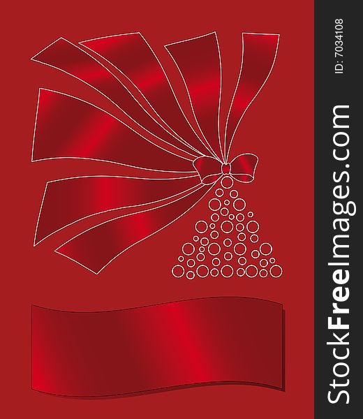 Christmas card on red background with Xmas tree, a wavy sparkling ribbon and space for your text.