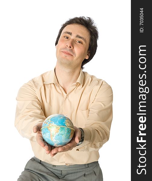 An isolated photo of a smiling man with a globe. An isolated photo of a smiling man with a globe
