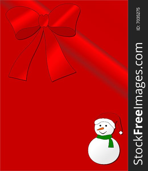 Christmas card on red background with ribbon and snowman. Wide space for your text. Christmas card on red background with ribbon and snowman. Wide space for your text.