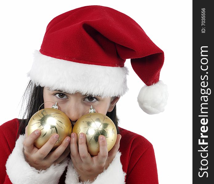 Beautiful little girl playing with christmas decoration. Beautiful little girl playing with christmas decoration