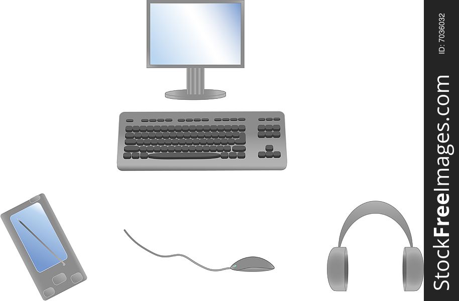 Communication facility: computer, keyboard, mouse, palmtop, ear-phones. Isolated
