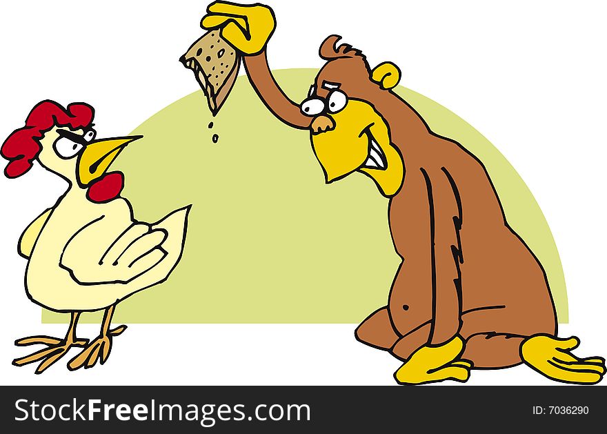 Illustration of monkey teasing angry chicken. Illustration of monkey teasing angry chicken