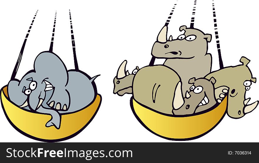 Illustration of elephant and rhinos on balance