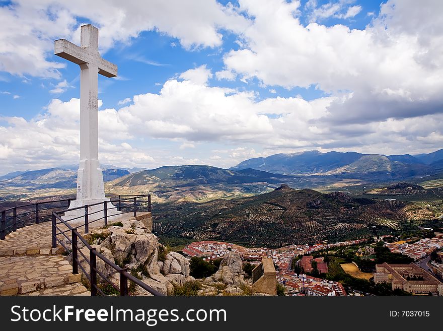 Magnificent panorama of the Cruz del Castillo de Santa Catalina and Jaen town, Andalusia, Spain