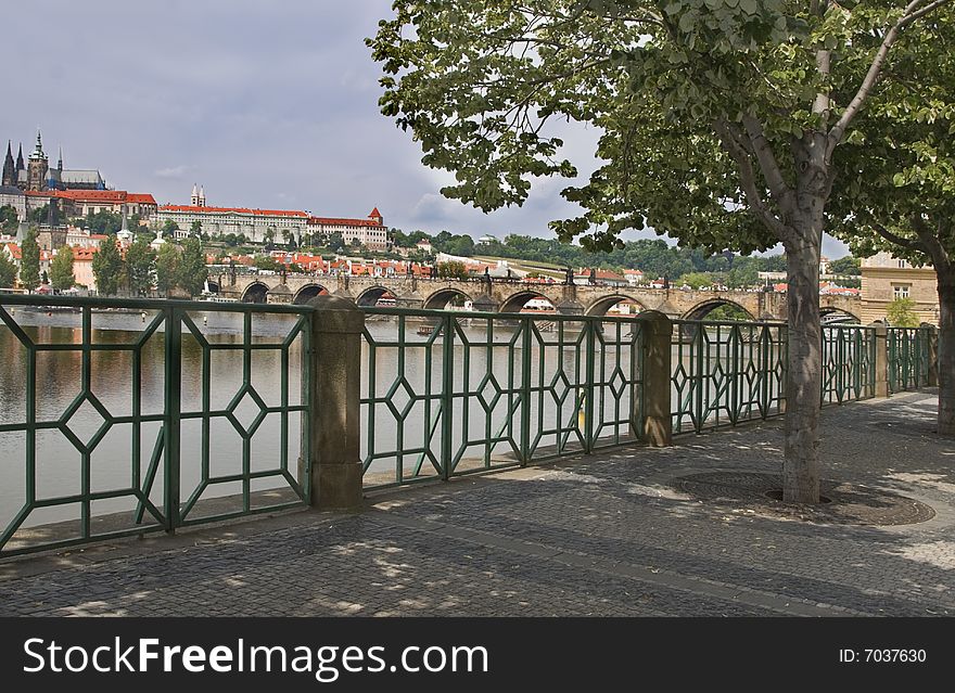 Vista of Prague near the Charles Bridge on the left shore of the Vltava river .