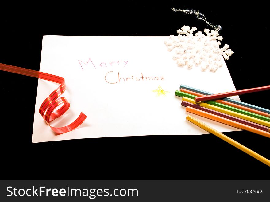 Merry Christmas on white paper decorated with snowflake. Merry Christmas on white paper decorated with snowflake