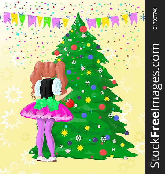 Girl decorating Christmas tree