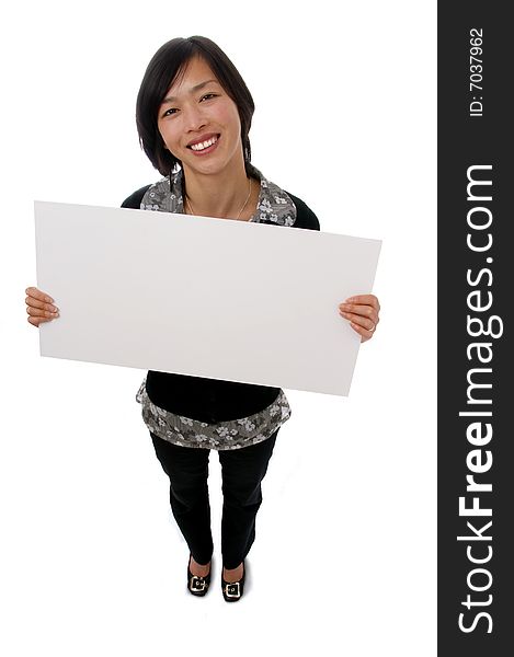 Female holding blank white sign on white background. Female holding blank white sign on white background