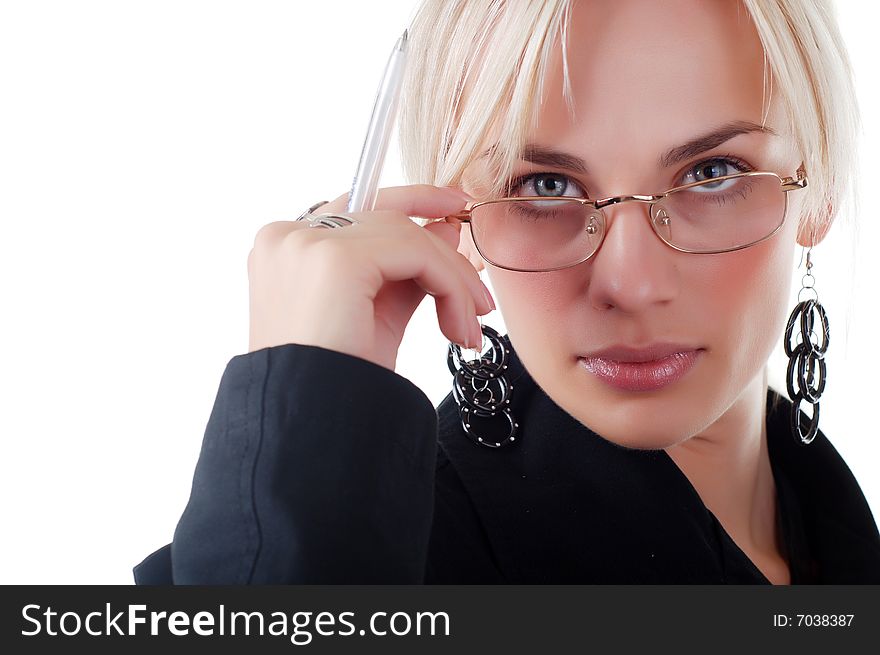 Portrait of young businesswoman in black suit and glasses. Portrait of young businesswoman in black suit and glasses