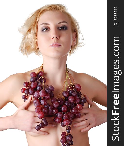 Woman with bunch of grapes