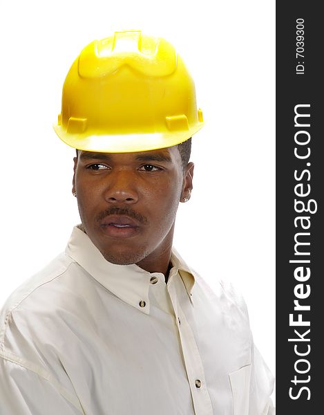 Young African American man in a hard-hat isolated on white. Young African American man in a hard-hat isolated on white