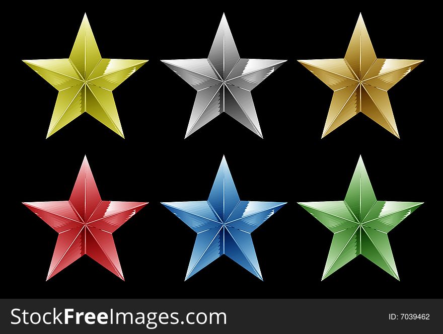 Gold, Silver, Bronze, Red, Blue & Green  reflecting stars with a black background