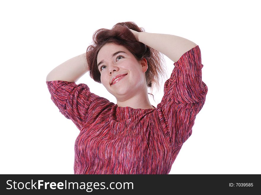 One girl smiling and messing her hair. One girl smiling and messing her hair