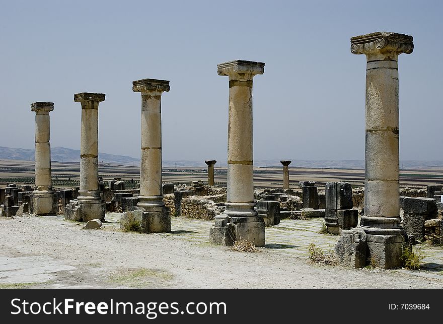 Five Roman columns in the foreground and two in the background at Volubilis, Morocco. Five Roman columns in the foreground and two in the background at Volubilis, Morocco