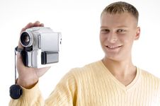 Portrait Of Blonde Man With Handy Cam Royalty Free Stock Photo Portrait Of Blonde Man With Handy Cam Royalty Free Stock Photo
