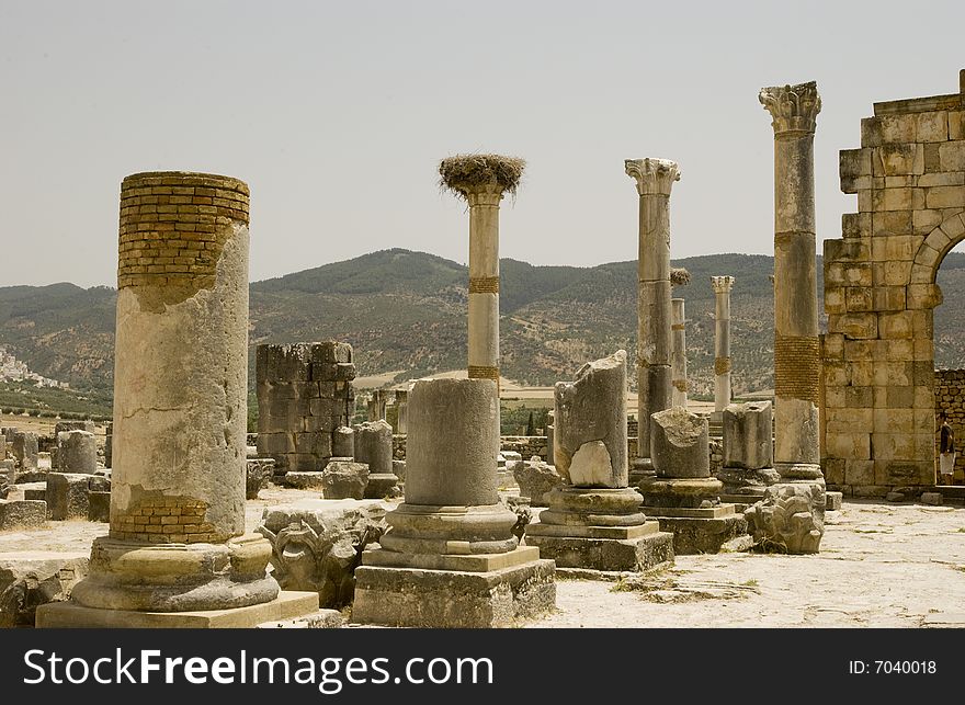 Roman columns in the foreground Volubilis, Morocco. Roman columns in the foreground Volubilis, Morocco