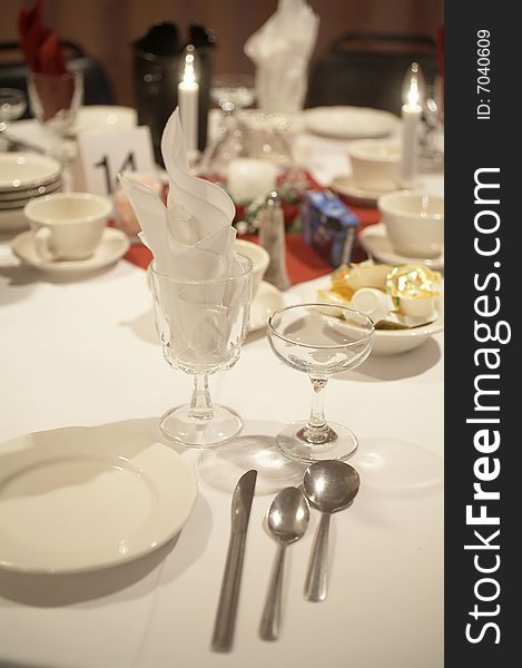 Table set for an event party or wedding reception. Table set for an event party or wedding reception