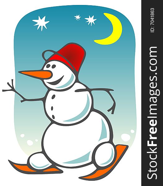 Cartoon snowball on a blue background. Christmas illustration.