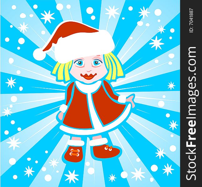 Cartoon  girl in christmas clothes on a  blue striped background. Christmas illustration. Cartoon  girl in christmas clothes on a  blue striped background. Christmas illustration.