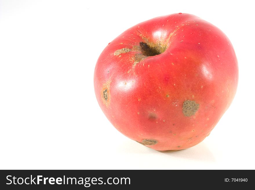 Wormy rotten apple isolated on white background