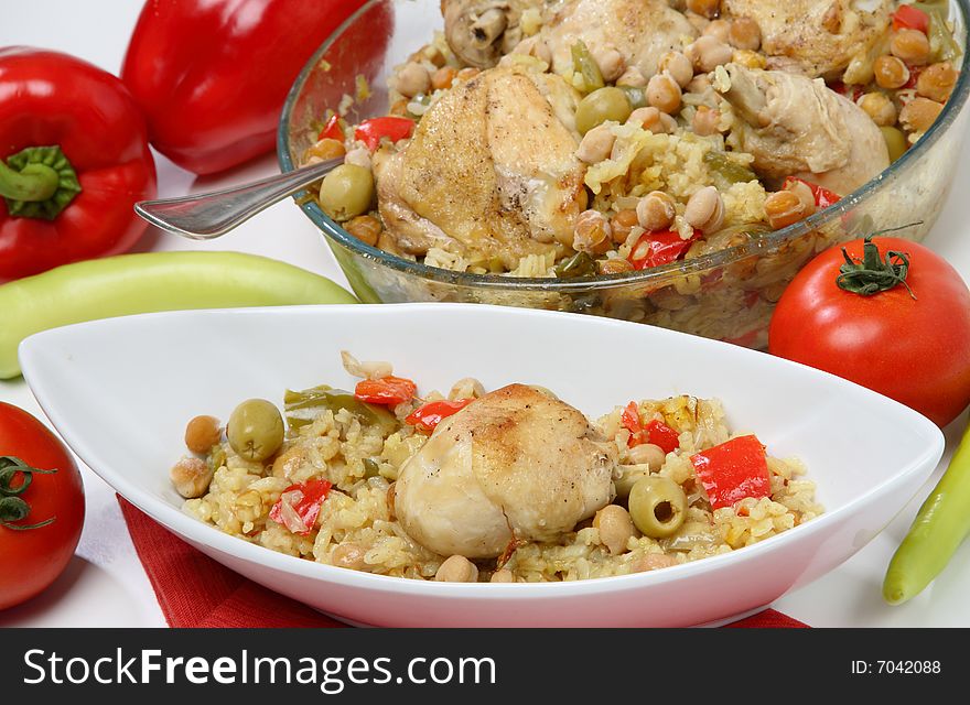 Chicken meat with chick-peas,olives and tomato. Chicken meat with chick-peas,olives and tomato