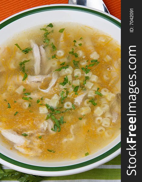 Chicken soup with meat piceses,pasta and parsley