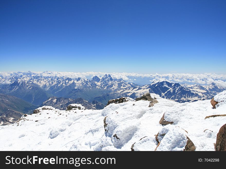 View of the caucasus mountains from the Elbrus