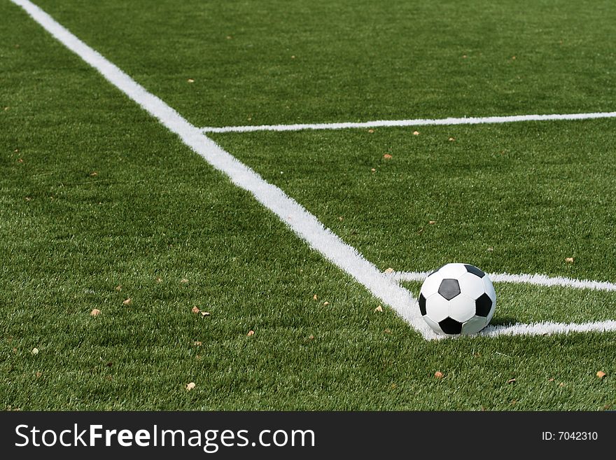 Football in stadium with an artificial covering before the beginning of game