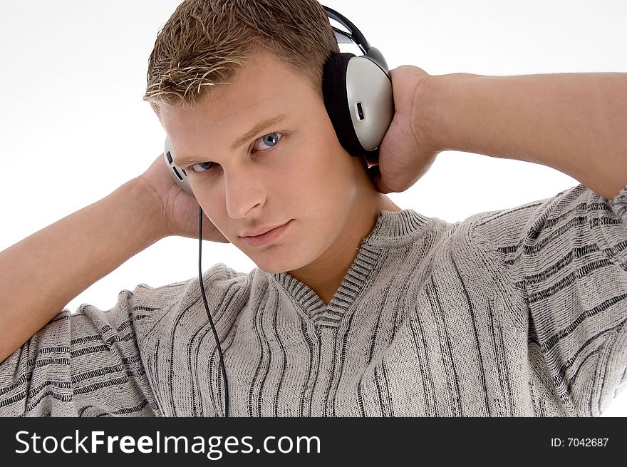 Portrait of man with headset on an isolated background