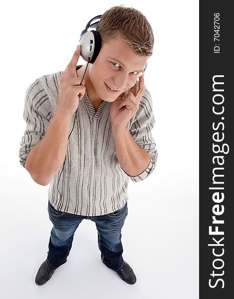 Standing man with headphone with white background