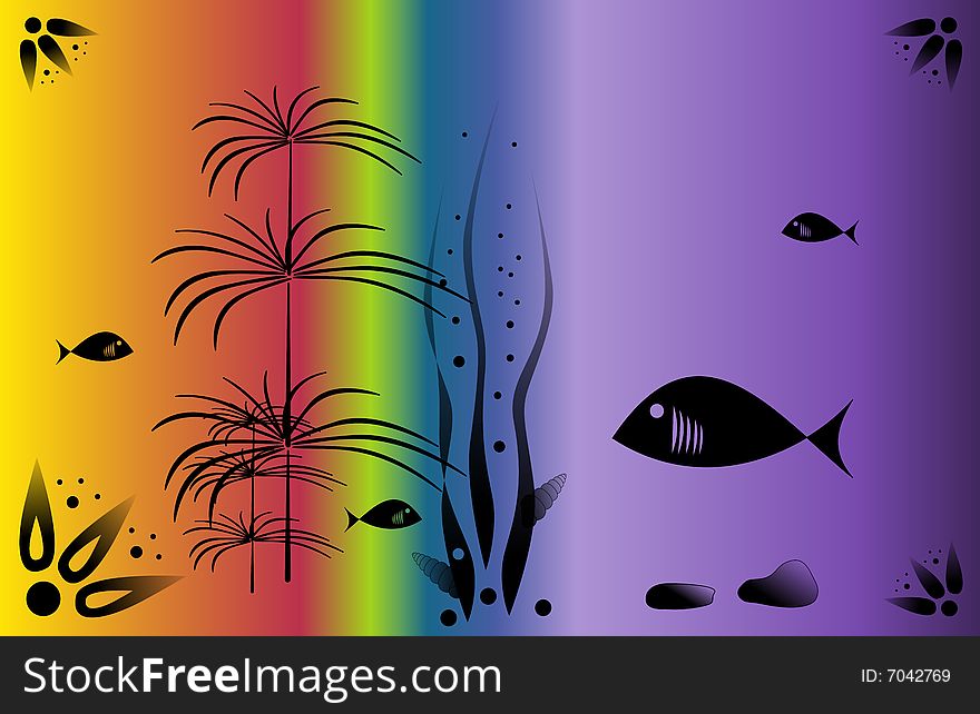 Colorful aquarium with black plants and fishes