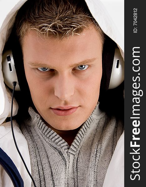 Man with headphone looking at you