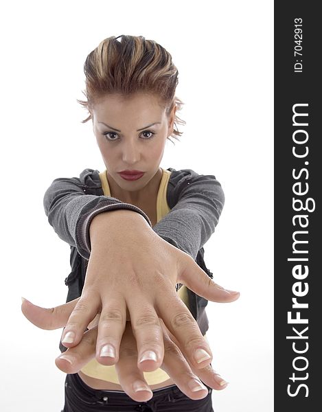 Glamorous woman making hand gesture on an isolated background