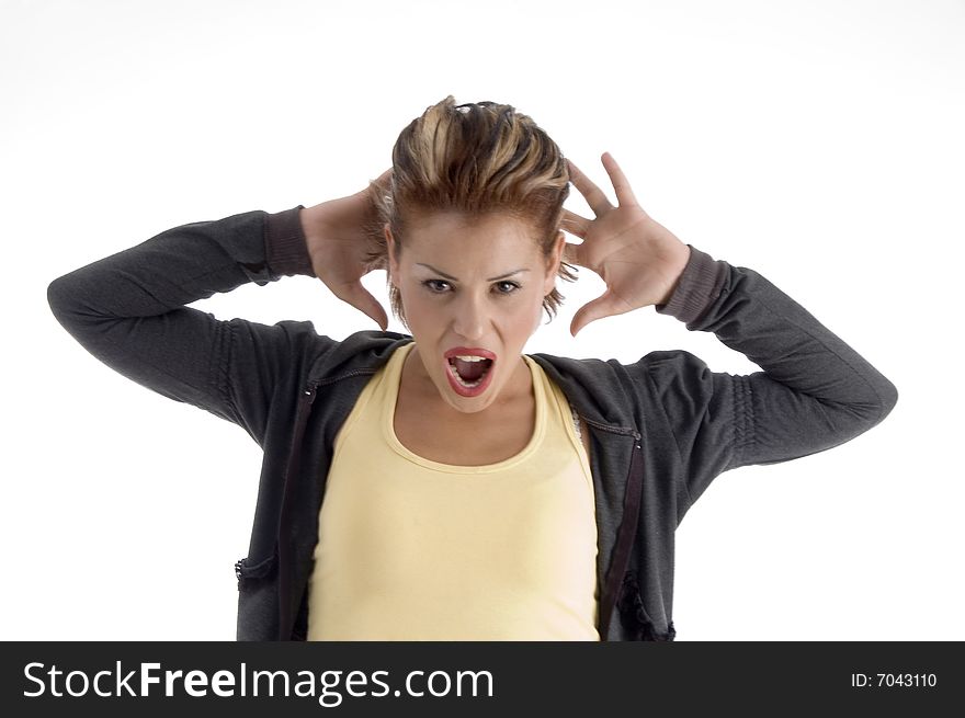 Shouting young woman on an isolated background