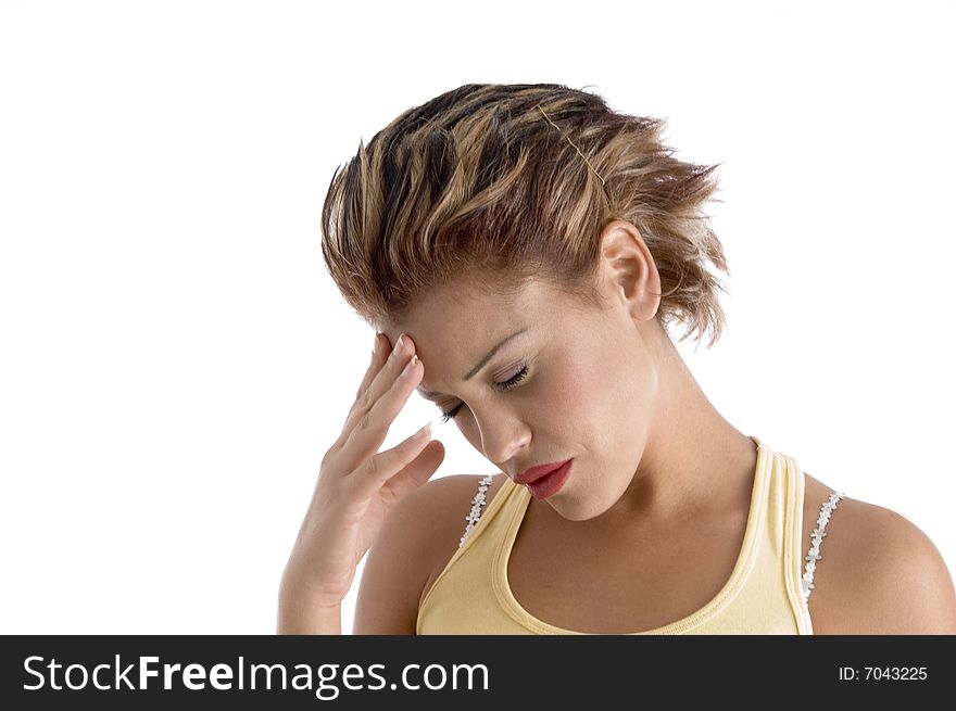 Woman with a headache on an isolated background