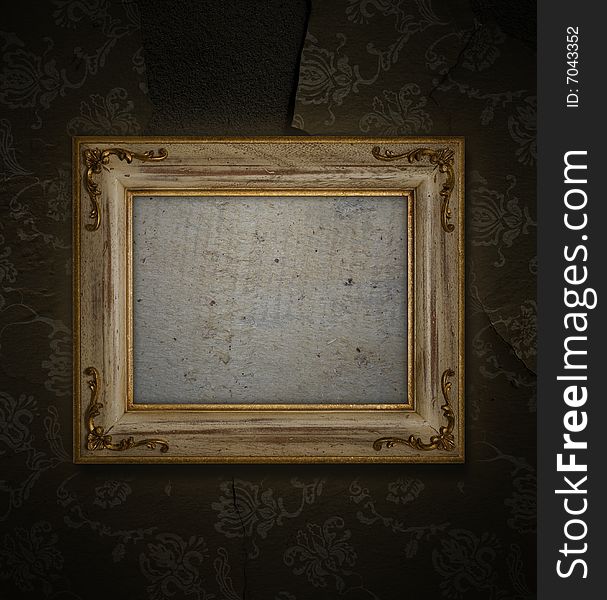 Antique gold frame on wallpaper background. Antique gold frame on wallpaper background