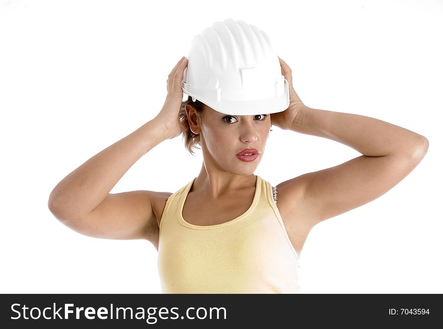 Woman with architect helmet against white background