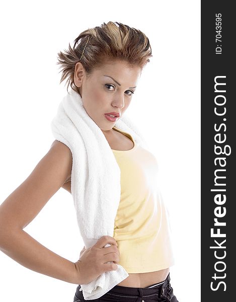 woman with towel with white background. woman with towel with white background