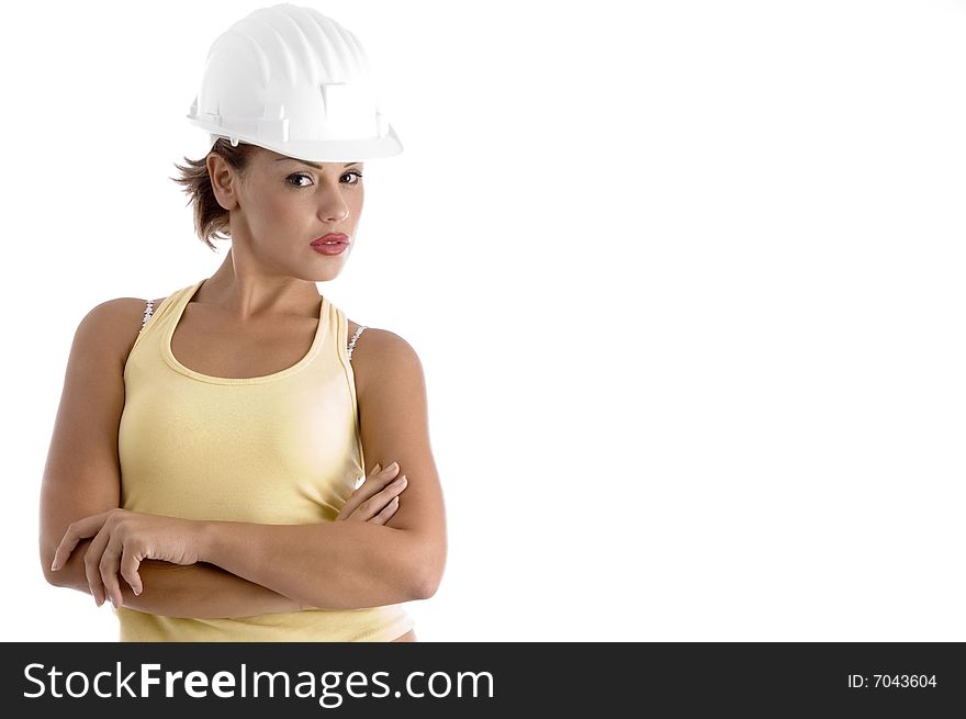 Young woman with architect helmet on an isolated background