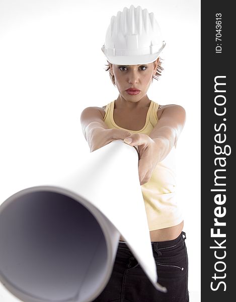 Female with architect helmet and blue prints